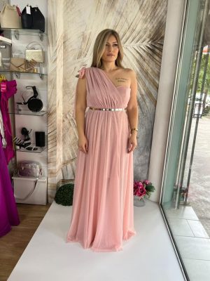 Duga haljina PLUS SIZE 09- Roze sa mašnom na ramenu (42-46)