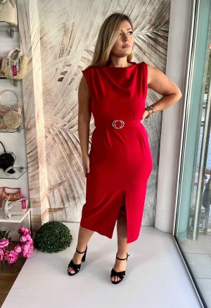 Haljina PLUS SIZE midi 12 - Crvena klasična sa šlicem (42-48)