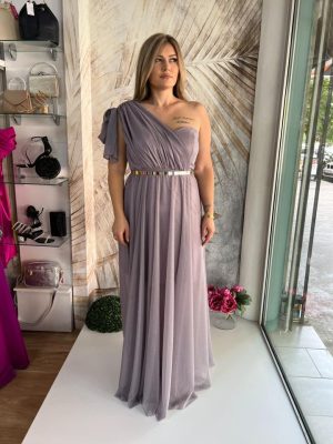 Duga haljina PLUS SIZE 09 – Lila sa mašnom na ramenu (44)
