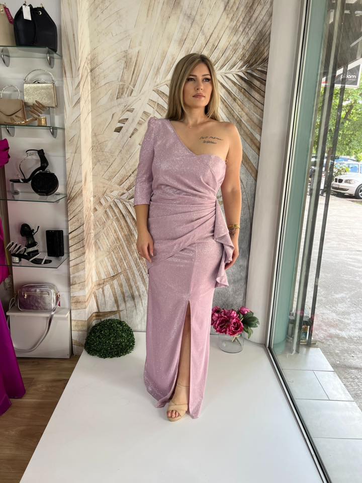 Duga Haljina PLUS SIZE 14 - Roze asimetrična sa jednim rukavom (42) - Image 2