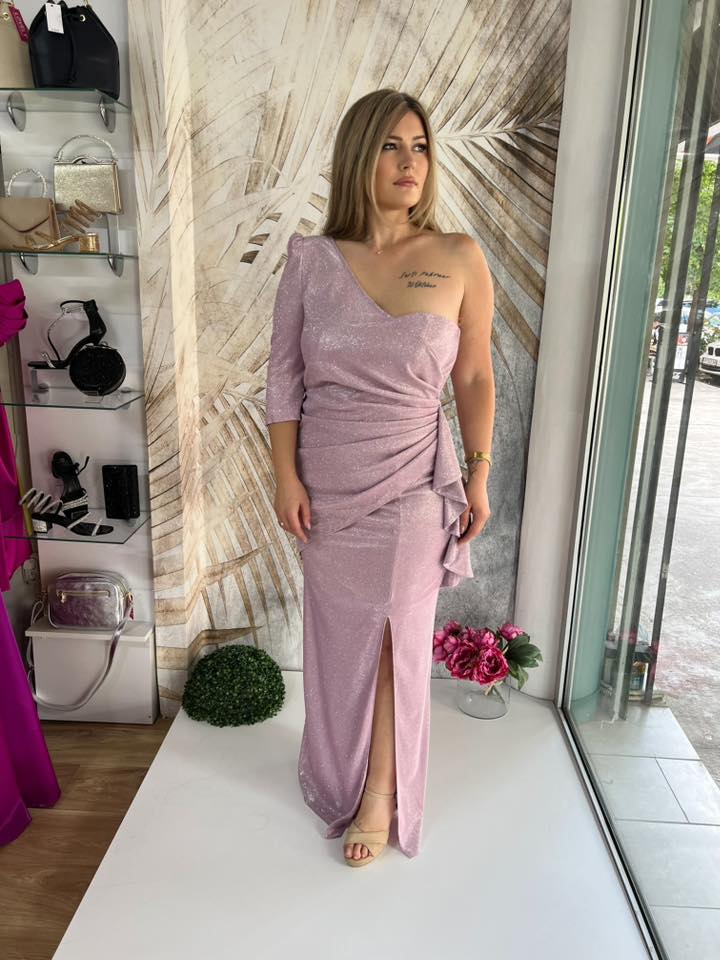 Duga Haljina PLUS SIZE 14 - Roze asimetrična sa jednim rukavom (42) - Image 3