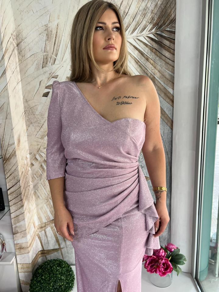 Duga Haljina PLUS SIZE 14 - Roze asimetrična sa jednim rukavom (42) - Image 4