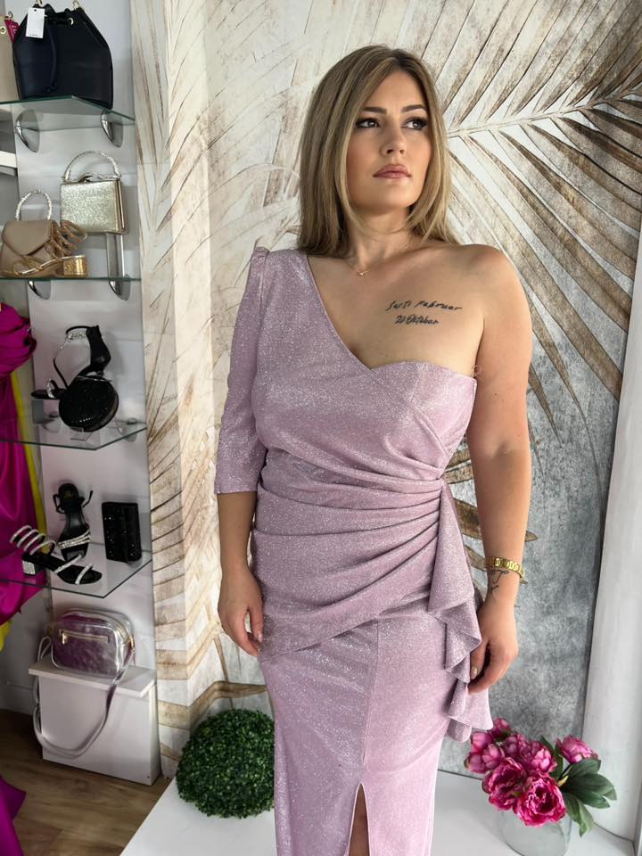 Duga Haljina PLUS SIZE 14 - Roze asimetrična sa jednim rukavom (42) - Image 5