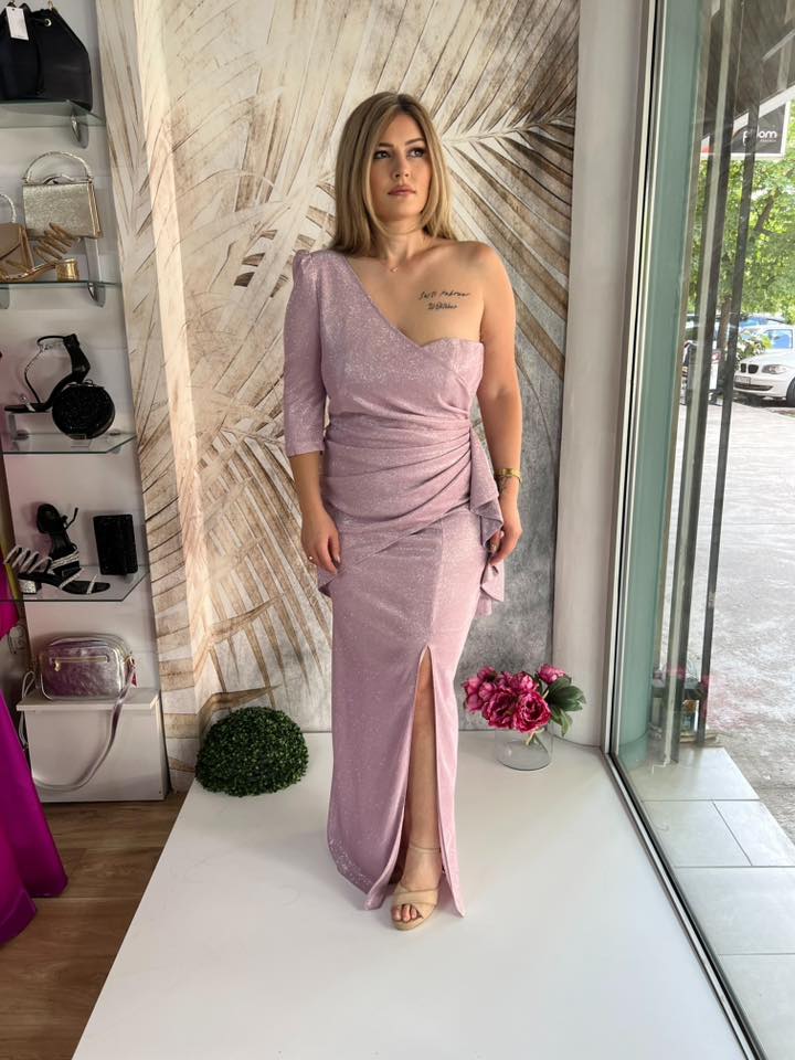 Duga Haljina PLUS SIZE 14 - Roze asimetrična sa jednim rukavom (42)