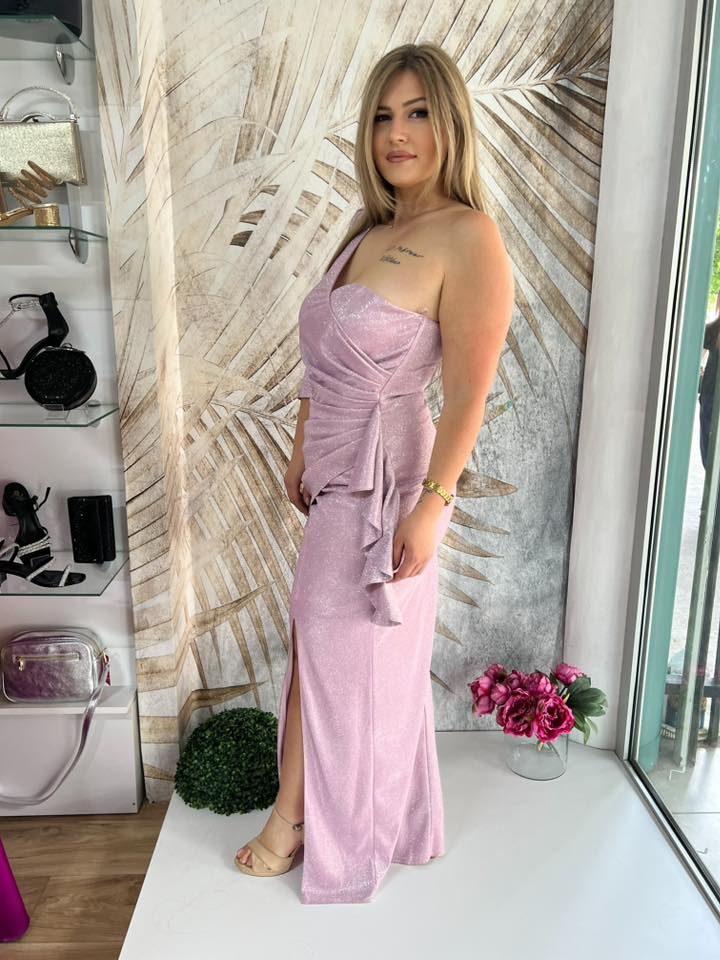 Duga Haljina PLUS SIZE 14 - Roze asimetrična sa jednim rukavom (42) - Image 7