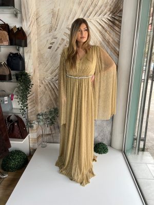 Duga Haljina PLUS SIZE u zlatnoj boji sa otvorenim rukavima (model 01)