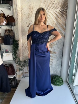 Elegantna duga teget haljina sa pertlama na leđima PLUS SIZE (model 17)