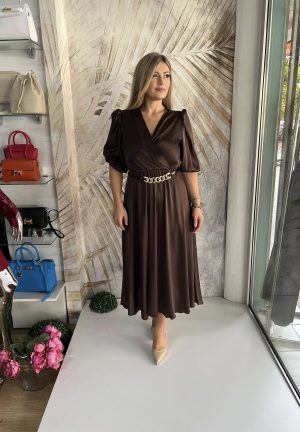 Haljina PLUS SIZE midi 03 – Saten sa lanac kaišem –  Braon (42-46)
