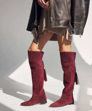 Čizme duge ravne 03 - Prirodna koža, iznad kolena - bordo antilop (36-41)