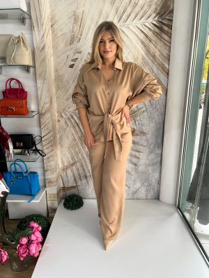 Komplet PLUS SIZE 01 - Bež, košulja i pantalone na lastiš (42-48)