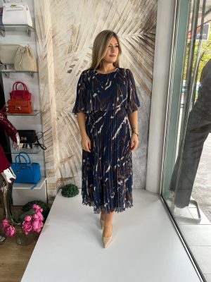 Haljina PLUS SIZE midi 17 - Šarena plise, teget (42-46)