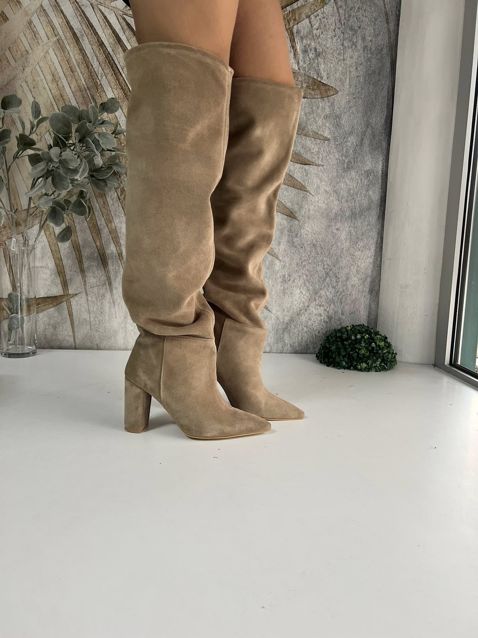 Kožne čizme iznad kolena na deblju štiklu - Vizon (model 112) - Image 9