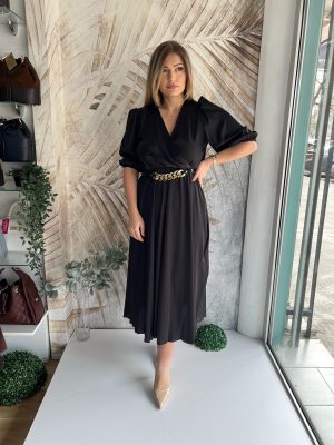 Haljina PLUS SIZE midi 03- Saten sa lanac kaišem - Crna  (model 03)
