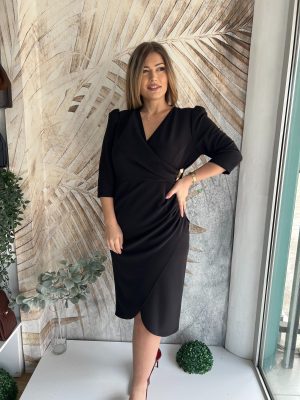 Haljina PLUS SIZE streč crna na preklop sa zlatnom šnalom (model midi 19)