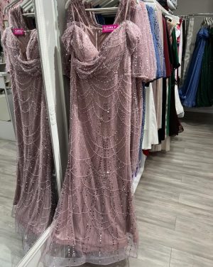 Duga PLUS SIZE haljina na bretelu sa padajućim rukavom, roze