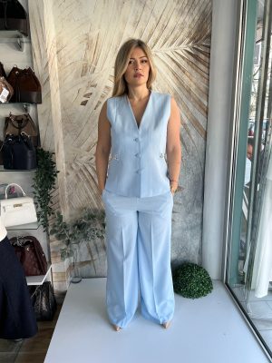 Žensko odelo na pruge PLUS SIZE, prsluk i pantalone u plavoj boji