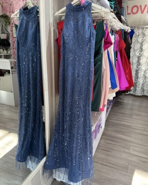 Duga uska sirena haljina u plavoj boji