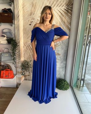 Duga PLUS SIZE haljina kratkih rukava, ukrašena cirkonima u plavoj boji