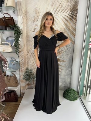 Duga PLUS SIZE haljina kratkih rukava, ukrašena cirkonima u crnoj boji