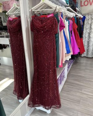 Duga haljina sa padajućim rukavom, bordo