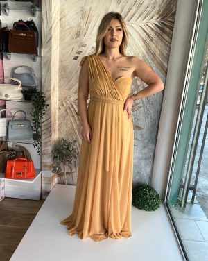 Duga PLUS SIZE haljina sa mašnom na ramenu, zlatna (model 09)