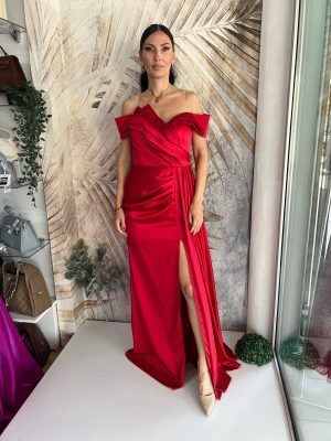 Duga haljina od satena, plus size, crvena