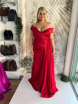 Duga haljina od satena, plus size, crvena