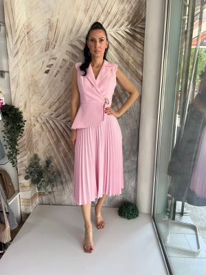 Midi haljina sa pliseom, roze