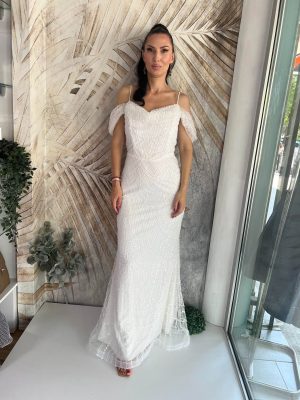 Duga haljina sa padajućim rukavom, bela
