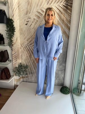 Komplet PLUS SIZE sa širokim pantalonama na lastiš, plavi