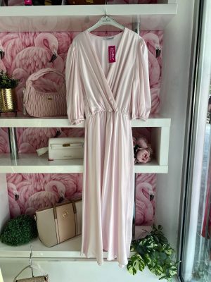 Midi haljina plus size, saten sa lanac kaišem, 3/4 rukav, svetlo roze