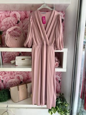 Midi haljina plus size, saten sa lanac kaišem, 3/4 rukav, puder roze