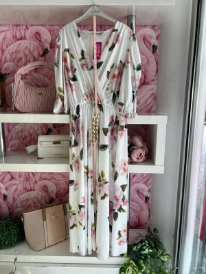 Midi haljina plus size, saten sa lanac kaišem, 3/4 rukav, cvetni print, belo-roze (model 03)