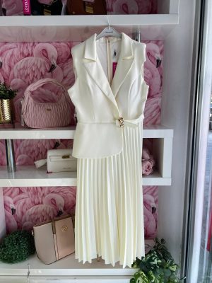 Midi haljina plus size, plise, svetlo bež