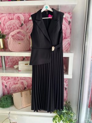 Midi haljina plus size, plise, crna
