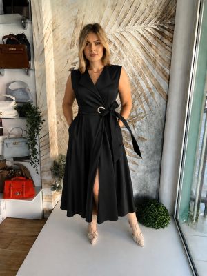 Midi haljina plus size sa reverom, crna
