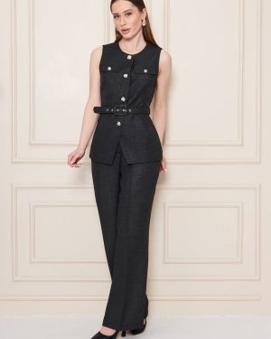Komplet PLUS SIZE, duži prsluk i pantalone, crni