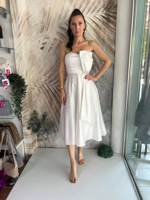 Midi haljina PLUS SIZE od satena sa pertlama na leđima, bela