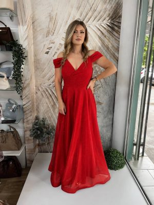 Duga PLUS SIZE haljina sa cirkon bretelom, crvena