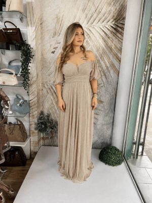 Duga haljina sa puf rukavima PLUS SIZE, bež (model 26)