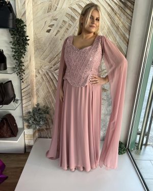 Duga haljina PLUS SIZE, korset sa plaštom u roze boji