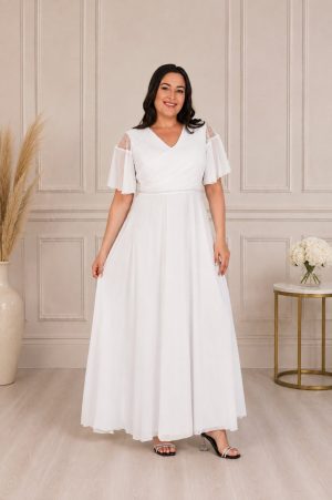 Duga haljina PLUS SIZE, bela lepršava sa kratkim rukavima