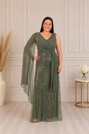 Duga haljina PLUS SIZE, uska maslinasta sa perlicama