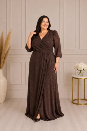 (52-58) Duga PLUS SIZE haljina sa 3/4 rukavima, braon