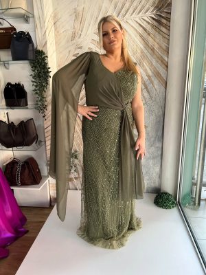 Duga haljina PLUS SIZE, uska maslinasta sa perlicama