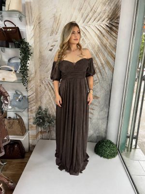 Duga haljina sa puf rukavima PLUS SIZE, braon (model 26)