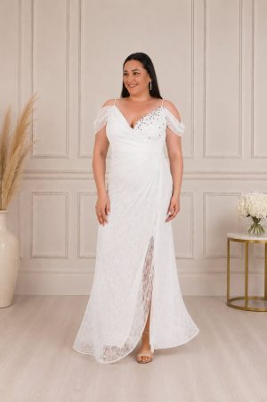 Duga haljina PLUS SIZE, uska čipkana u beloj boji