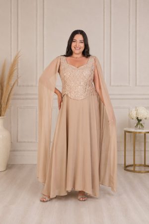 Duga haljina PLUS SIZE, korset sa plaštom u bež boji