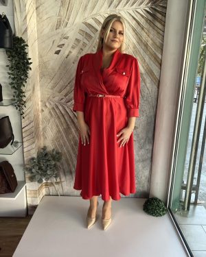 Haljina PLUS SIZE midi od satena sa kragnicom, crvena