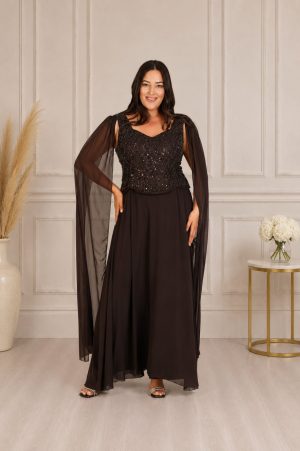 Duga haljina PLUS SIZE, korset sa plaštom u braon boji